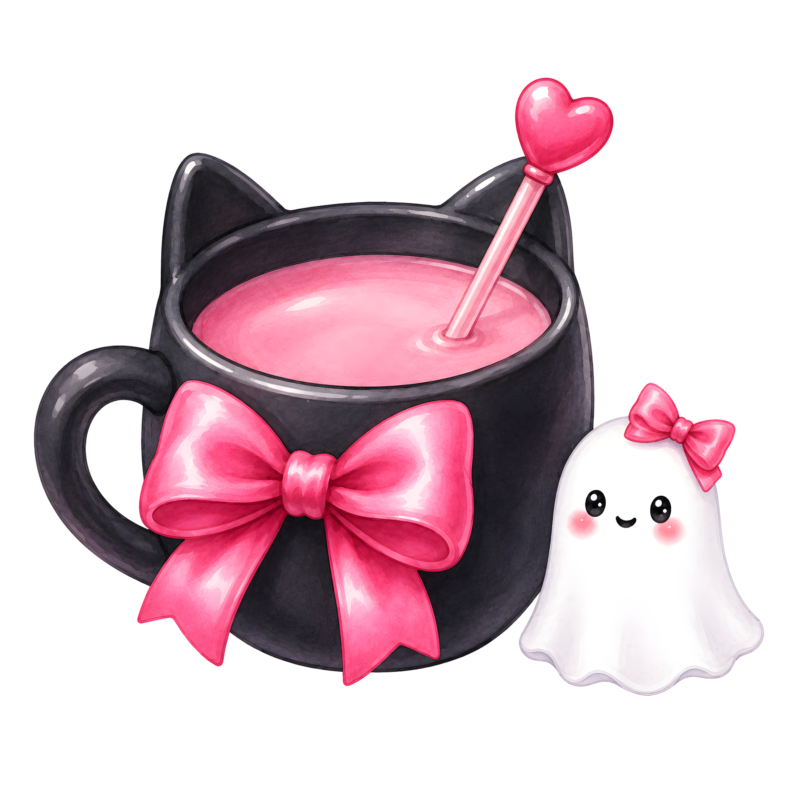 Halloween Black Cat Pink Teacup Ghost