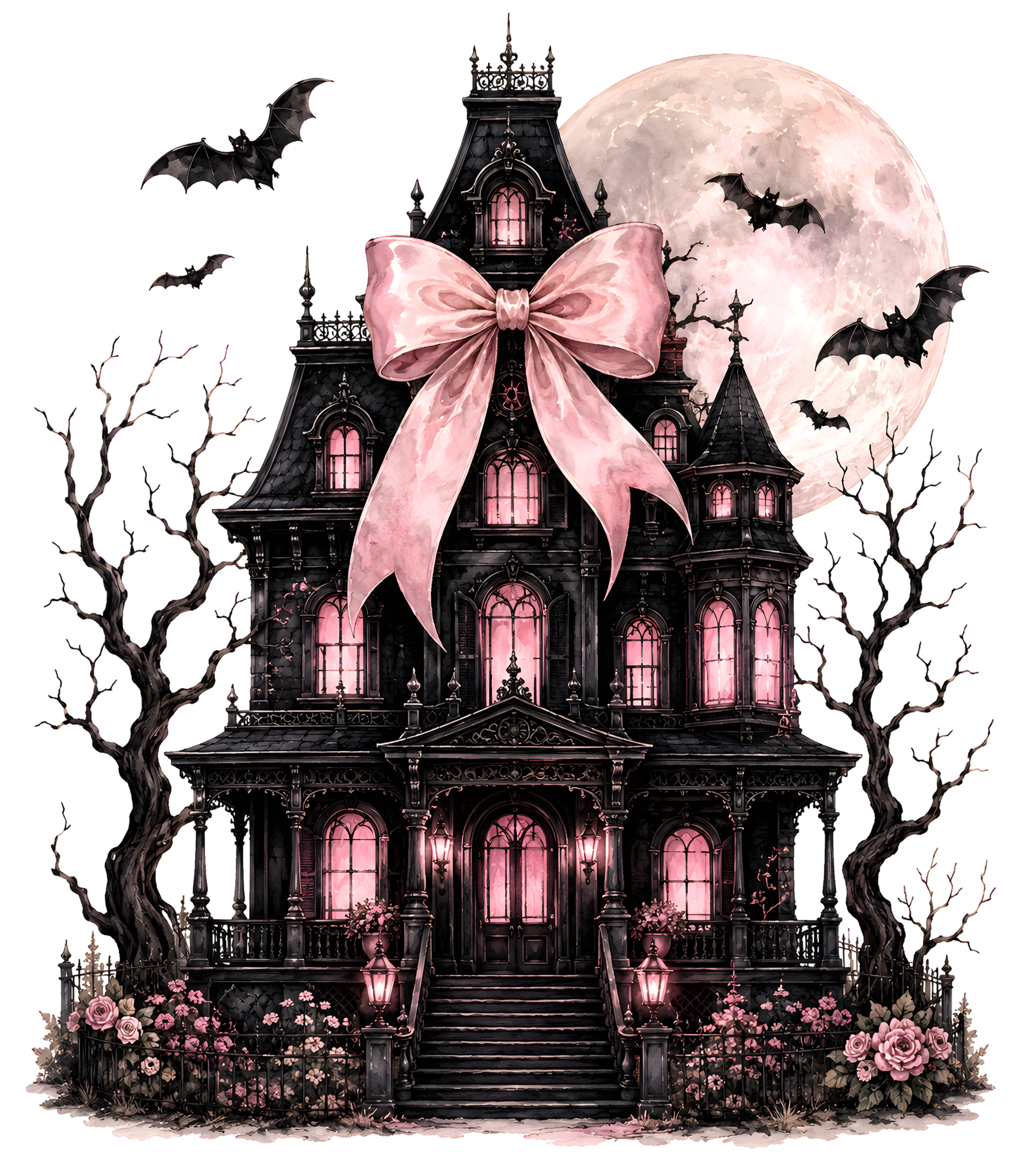 Halloween Haunted House Pink Bow Bats