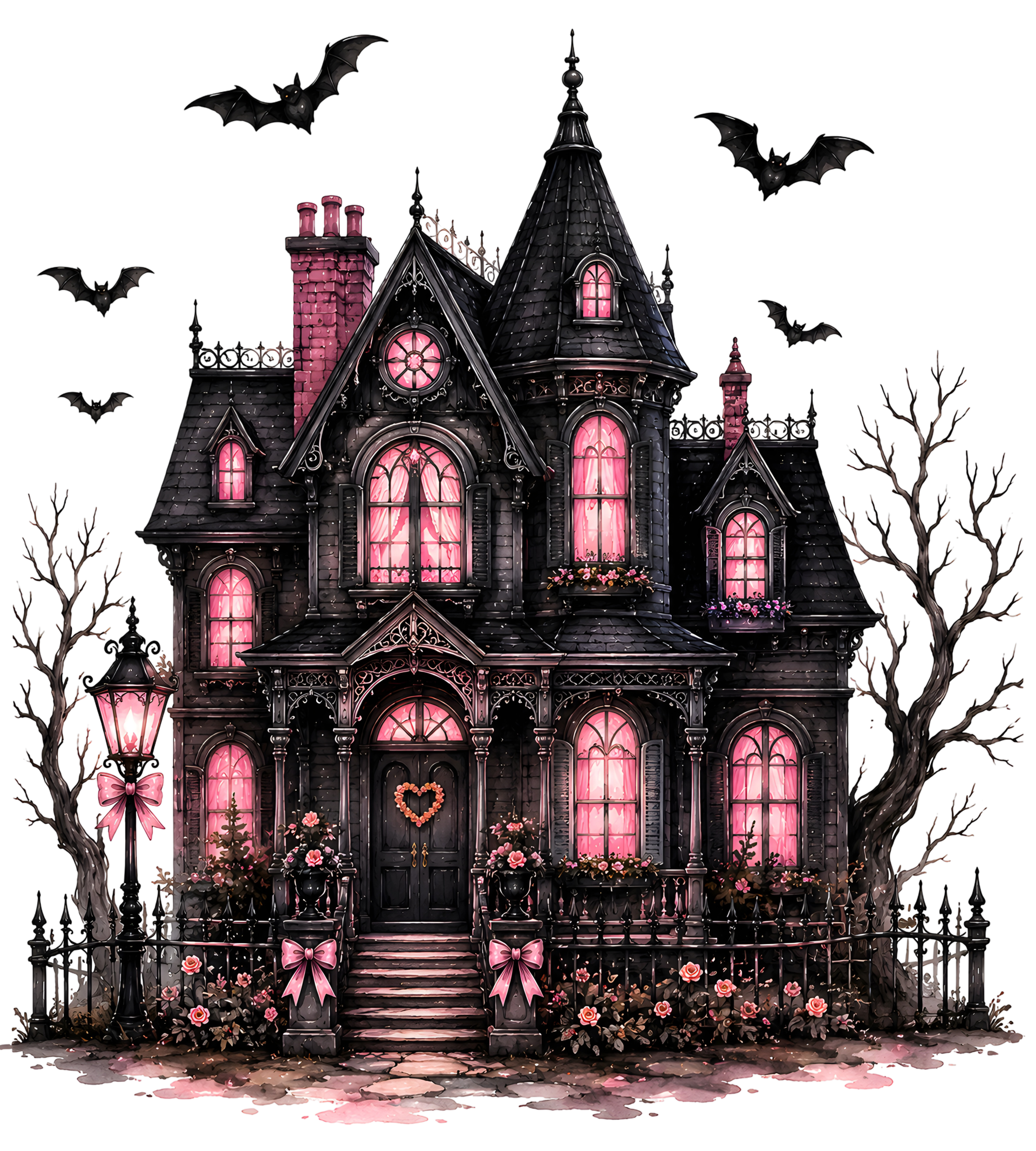 Halloween Pink Haunted House Bats