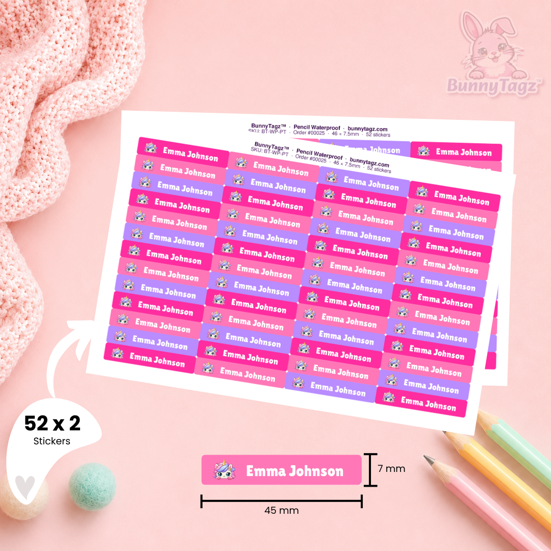Kids Waterproof Pencil Thin Name Labels | BunnyTagz.com