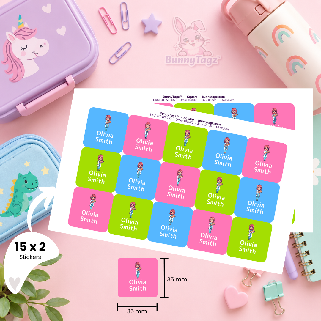 Kids Waterproof Square Name Labels | BunnyTagz.com