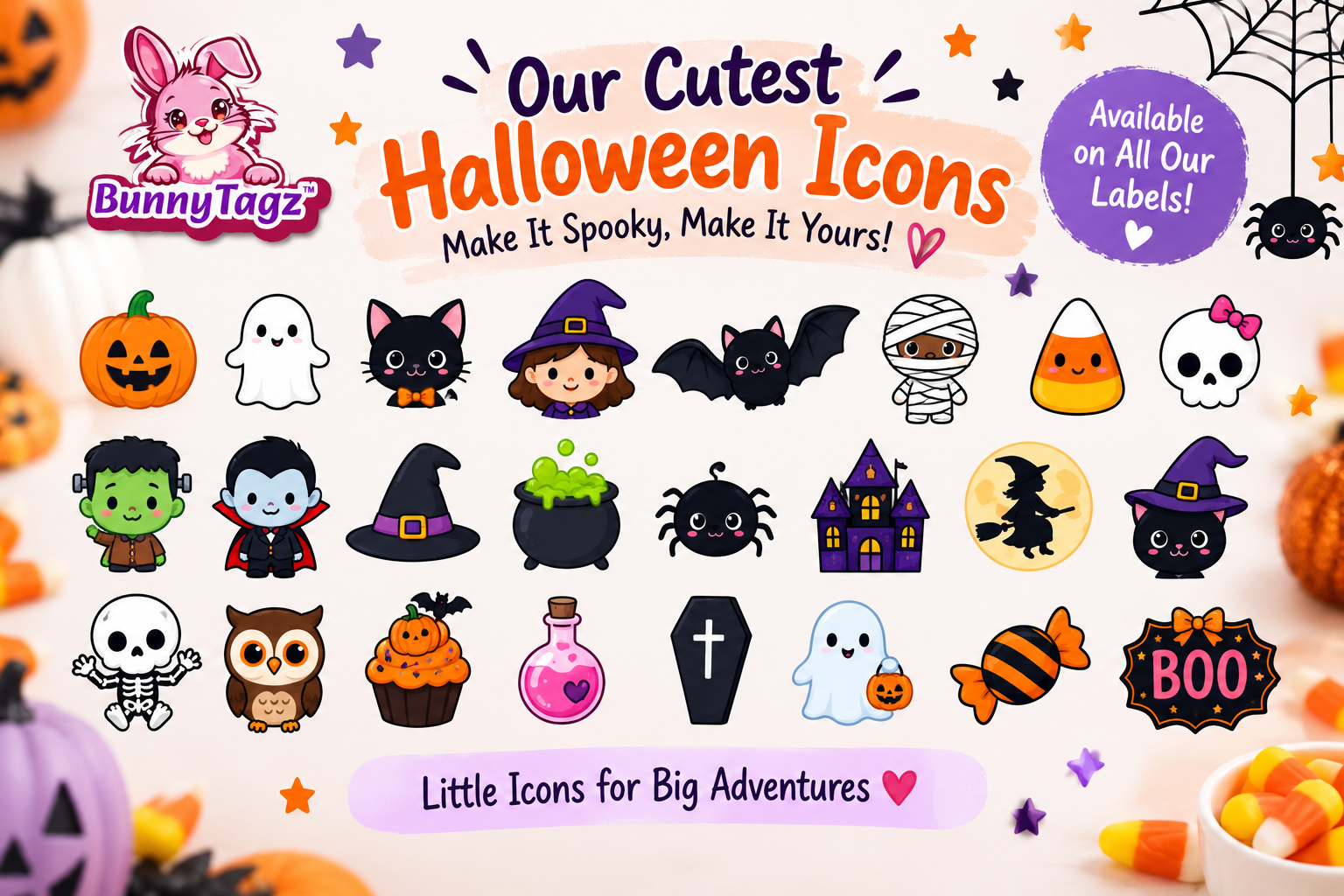 Cute Halloween icons for kids available on BunnyTagz personalized name labels