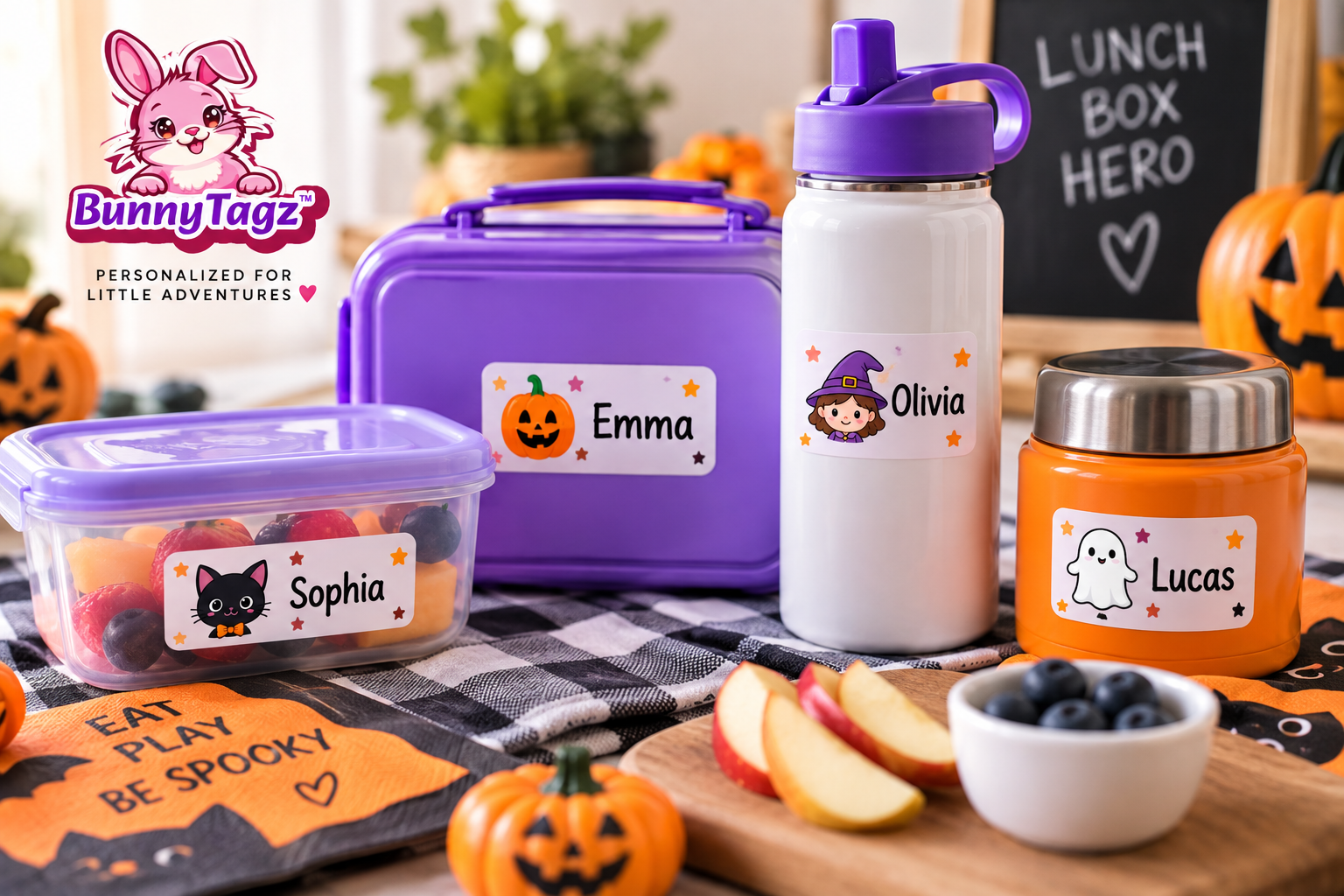 Personalized Halloween Everyday Tagz name labels for kids lunch boxes and water bottles