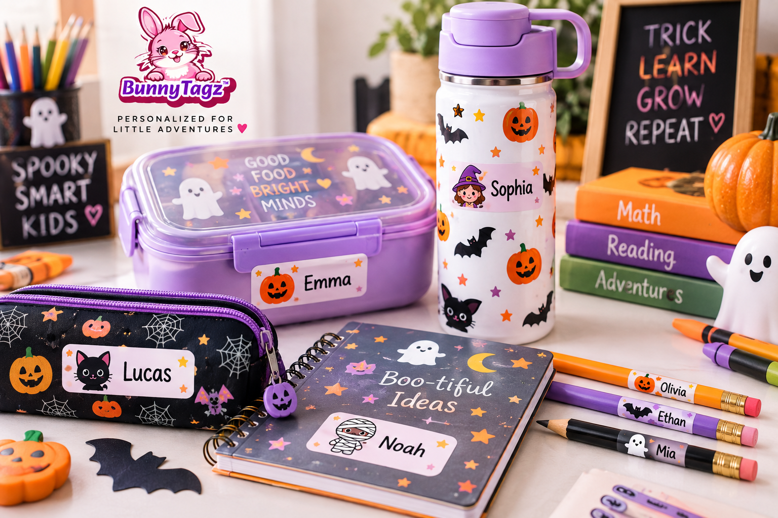 Personalized Halloween name labels for kids school supplies