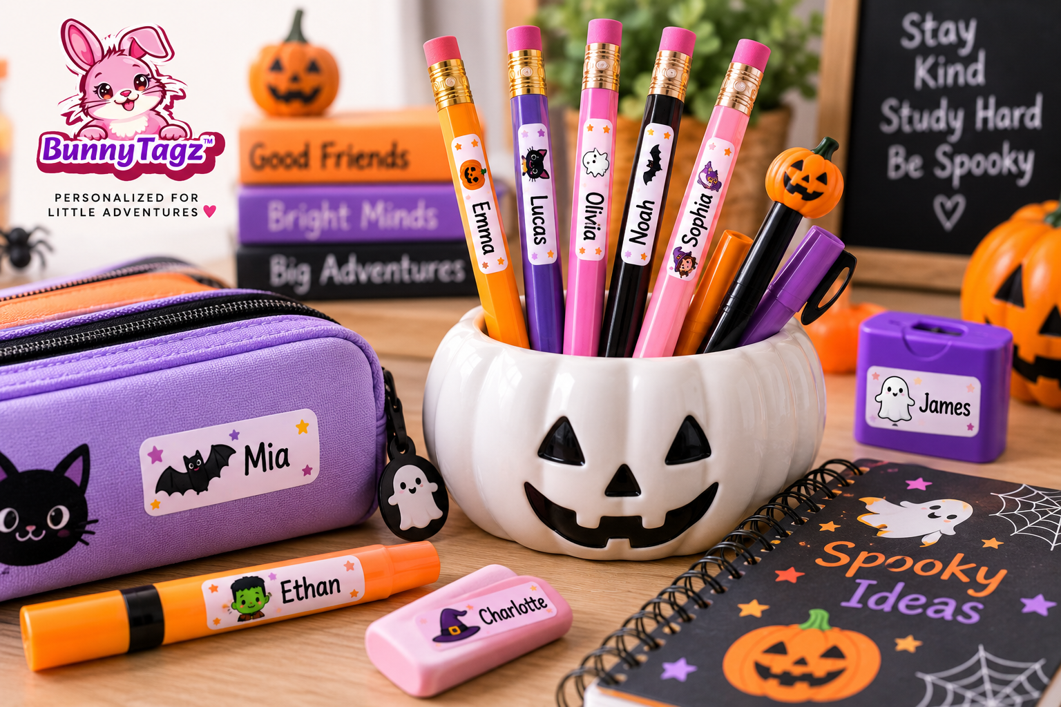 Personalized Halloween pencil name stickers for kids Slim Tagz