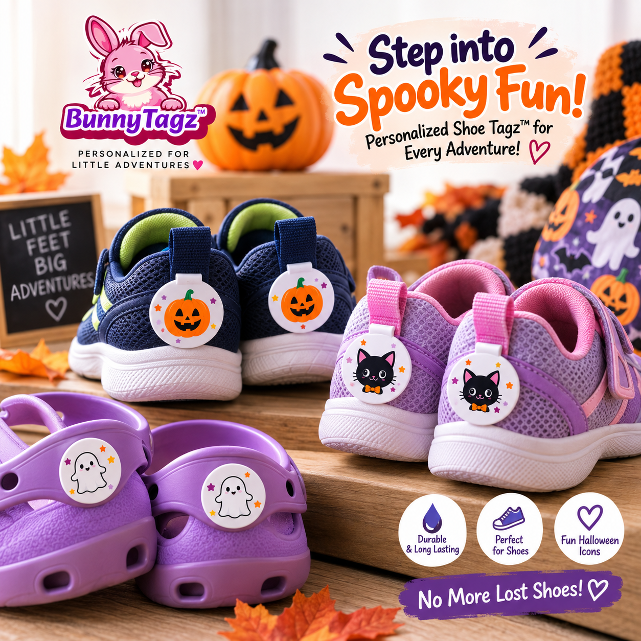 Personalized Halloween shoe name labels for kids with cute Halloween icons