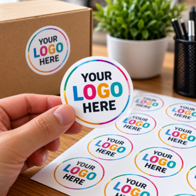 Sheet of round custom business logo stickers
